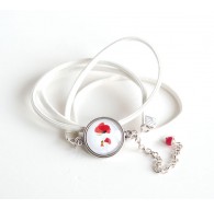 Armreif, weiß Leder-Optik, Cabochon Mohn, Silber