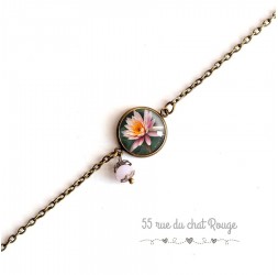 Women's bracelet, fine chain, cabochon Flower Water lily, Zen, pink and bert