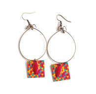 Boucles d'oreilles créoles, pendentif coloré, rouge, orange, bronze