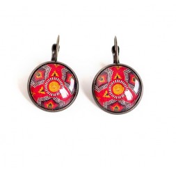 cabochon earrings, stud earrings, ethnic, wax, red and bronze