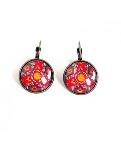 cabochon earrings, stud earrings, ethnic, wax, red and bronze