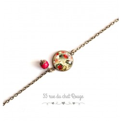 Bracelet woman, fine chain, cabochon tropical flowers, green khaki red and beige, exotic