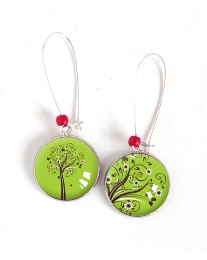 Earrings, Tree of Life, black and green spring, silver, woman's jewelry