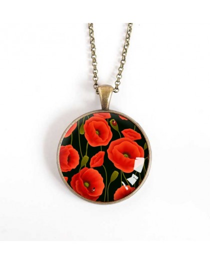 cabochon pendant necklace, Big Poppy Flower, black, bronze, 30 mm
