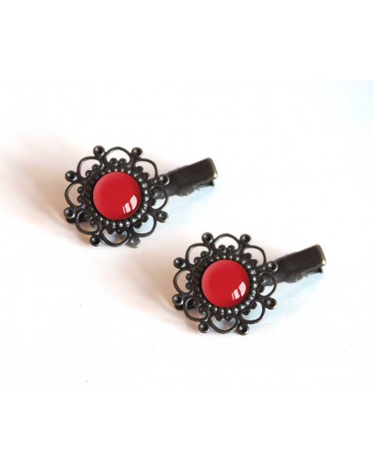 2 hair clips, red cabochon, 12 mm, Bronze