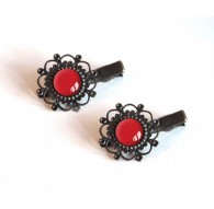 2 fermagli per capelli, cabochon rosso, 12 mm, bronzo