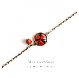 bracciale a catena, cabochon 14 mm, fiori di papavero, rosso nero, bronzo