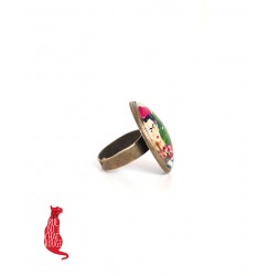 oval cabochon ring, poppy flowers, red, black, bronze