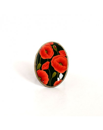 Anello cabochon ovale, fiori di papavero, rosso, nero, bronzo