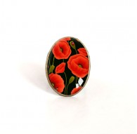 Anello cabochon ovale, fiori di papavero, rosso, nero, bronzo