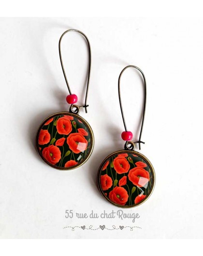 Earrings cabochon, red poppy flowers, black and bronze