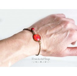 Chain bracelet, cabochon 14mm bouquet of poppies, red black, bronze