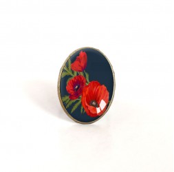 anello ovale cabochon di papaveri Bouquet, rosso, nero, bronzo