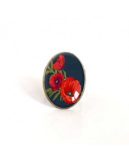 anello ovale cabochon di papaveri Bouquet, rosso, nero, bronzo