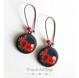 Ohrringe Cabochon Blumenstrauß aus roten Mohnblumen, schwarz und bronze