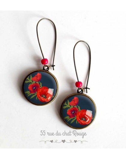 Earrings cabochon Bouquet of red poppies, black and bronze