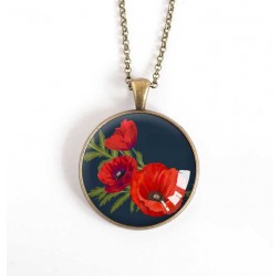 Cabochon Halskette, Mohnblumen-Blumenstrauß, Schwarz, Bronze, 30 mm
