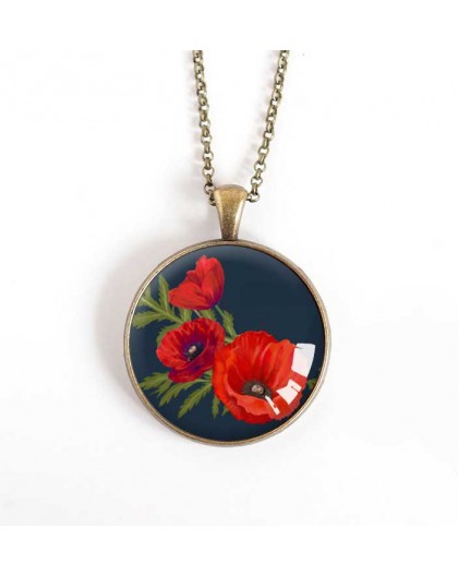 collana pendente cabochon, Poppies Bouquet, nero, bronzo, 30 millimetri