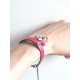 Women's bracelet, fuchsia leather, red flower cabochon and fuchsia