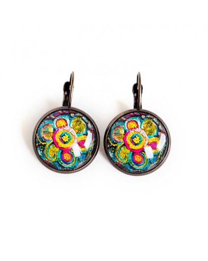 Earrings stud earring cabochon, ultra colorful, glass, multicolor, bronze