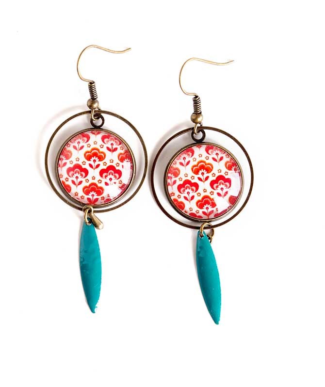 mandala mantra pink and red Zen Cabochon earrings 20mm ethnic jewel