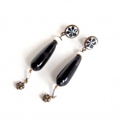 cabochon earrings, black obsidian, protective stone, bronze