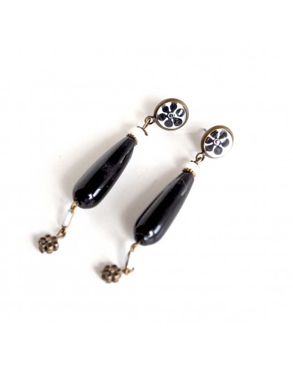 cabochon earrings, black obsidian, protective stone, bronze