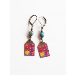 Fantasy earrings, multicolor floral artwork, bronze