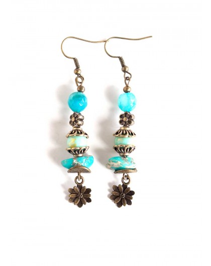 Earrings pendant earrings, turquoise, Regalite stone, blue agate, bronze