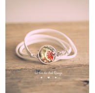 pulsera cabujón, doble giro blanco, flor, tonos rosa-marrón