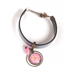 Woman bracelet, grey leather, pink dahlia flower cabochon