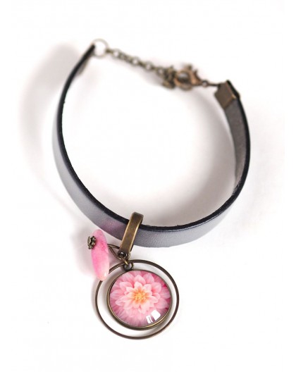 Woman bracelet, grey leather, pink dahlia flower cabochon
