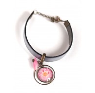 Bracelet femme, cuir gris, cabochon fleur dahlia rose