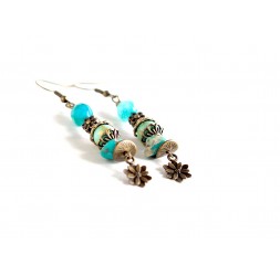 Boucles d'oreilles pendentif, turquoise, pierre de Régalite, Agate bleu ciel, bronze