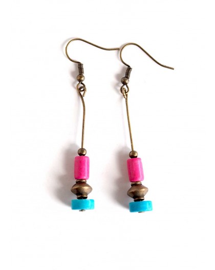 Earrings pendant earrings, turquoise and fuchsia, Howlite, bronze