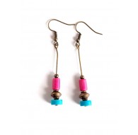 Orecchini pendenti, turchese e fucsia, Howlite, bronzo