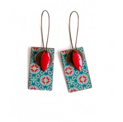 Orecchini di pendente orecchie, Spirito Marocco, blu e rosso, rettangolare, bronzo