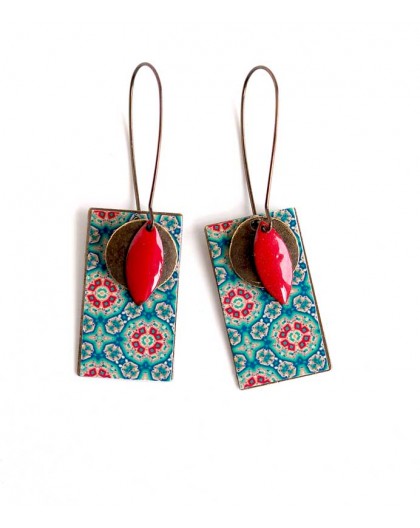 Earrings pendant ears, Spirit Morocco, blue and red, Rectangular, bronze