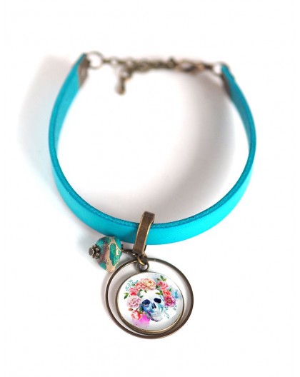 Women's bracelet, turquoise leather, multicolour floral skull cabochon