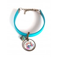 Women's bracelet, turquoise leather, multicolour floral skull cabochon