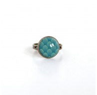 Small cabochon ring 12mm, geometric illustration, green bronze duck