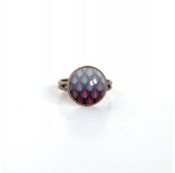 Small cabochon ring 12mm, geometric illustration, burgundy and blue bronze