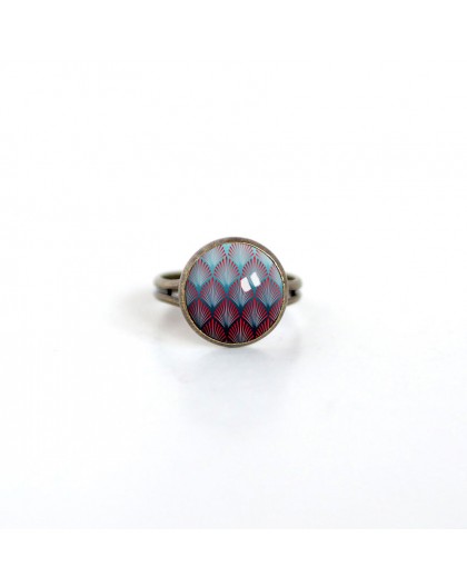 Small cabochon ring 12mm, geometric illustration, burgundy and blue bronze