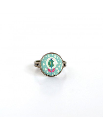 Pequeño cabujón anillo de 12 mm, ilustración ingenua, flor, colores pastel, goteo, bronce