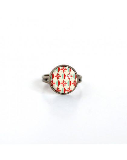 Petite bague cabochon, 12 mm, illustration seventiesh, rouge et turquoise, bronze