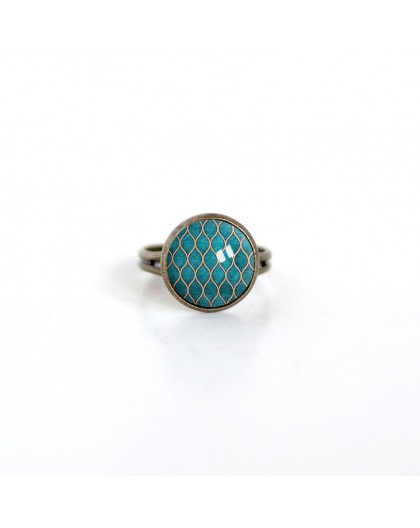 Small ring cabochon 12 mm, Eastern illustration, blue duck green, gold, bronze