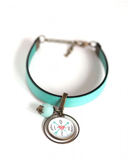 Women's bracelet, pastel blue leather, Message Love cabochon