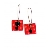 Boucles d'oreilles pendantes, Chat et son poisson, rouge, bronze