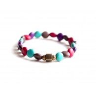 Bracelet élastique, howlite turquoise marron rouge, bronze