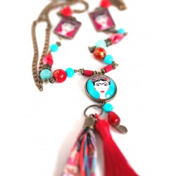 Grand collier sautoir, Diva mexicaine, turquoise et rouge, bronze